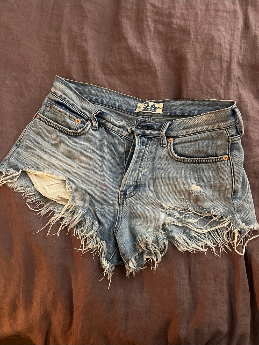 Free People Light Blue Distressed Denim Cutoff Shorts